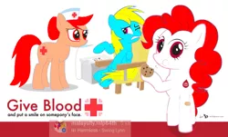 Size: 1151x694 | Tagged: safe, artist:shafiqhafizi70, derpibooru import, nurse redheart, pinkie pie, oc, oc:indonisty, ponified, unofficial characters only, earth pony, pony, cookie, eating, food, image, indonesia, injection, mouthpiece, nation ponies, photo, png, poster, recolor