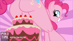 Size: 960x540 | Tagged: suggestive, artist:pikotime, derpibooru import, pinkie pie, anthro, earth pony, animated, butt, butt bump, butt smash, cake, eyelashes, featureless crotch, female, food, gif, grin, image, show accurate, show accurate porn, smiling, solo, solo female, sunburst background