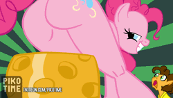 Size: 960x540 | Tagged: suggestive, alternate version, artist:pikotime, derpibooru import, cheese sandwich, pinkie pie, anthro, earth pony, animated, butt, butt bump, butt smash, cheese, d:, eyelashes, featureless crotch, female, food, gif, grin, image, male, open mouth, show accurate, show accurate porn, smiling, sunburst background