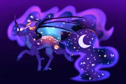 Size: 3000x2000 | Tagged: safe, artist:glitterstar2000, derpibooru import, princess luna, alicorn, pony, bat wings, chest fluff, ethereal mane, female, glow, glowing eyes, gradient background, hoof fluff, image, long feather, mare, png, solo, starry mane, wings