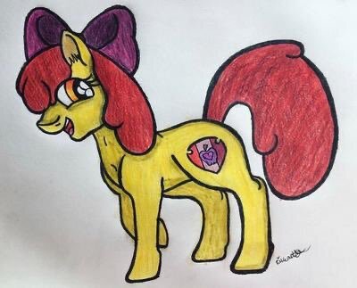 Size: 400x323 | Tagged: safe, artist:riverartist08, derpibooru import, apple bloom, earth pony, pony, female, filly, foal, happy, image, jpeg, one eye covered, solo, traditional art