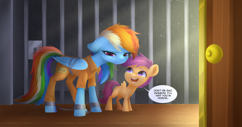 Size: 4096x2160 | Tagged: safe, artist:xfrncstomiku, derpibooru import, rainbow dash, scootaloo, pegasus, pony, bound wings, cell, chained, clothes, comforting, cuffed, cuffs, door, image, jpeg, prison outfit, prisoner rd, wings