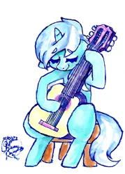 Size: 3006x4200 | Tagged: safe, artist:mannybcadavera, derpibooru import, lyra heartstrings, pony, unicorn, absurd resolution, acrylic painting, dexterous hooves, eyes closed, female, guitar, image, mare, musical instrument, png, simple background, sitting, smiling, solo, stool, traditional art, white background