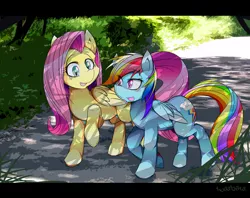 Size: 1800x1429 | Tagged: safe, artist:tyuubatu, derpibooru import, fluttershy, rainbow dash, pegasus, pony, duo, duo female, female, image, jpeg, mare, open mouth, walking