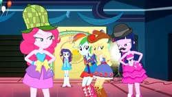 Size: 3410x1920 | Tagged: safe, derpibooru import, screencap, applejack, pinkie pie, rainbow dash, rarity, twilight sparkle, a photo booth story, eqg summertime shorts, equestria girls, animation error, balloon, bare shoulders, boots, bracelet, clothes, cowboy hat, cutie mark, cutie mark on clothes, fall formal outfits, female, hairpin, hand on hip, hat, high res, image, jewelry, jpeg, shoes, sleeveless, smiling, strapless, twilight ball dress