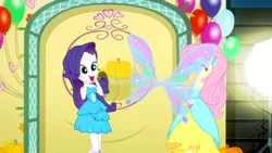 Size: 3410x1920 | Tagged: safe, derpibooru import, screencap, fluttershy, rarity, a photo booth story, eqg summertime shorts, equestria girls, balloon, bare shoulders, boots, bracelet, butterfly wings, clothes, duo, duo female, eyes closed, fall formal outfits, female, hairpin, high res, image, jewelry, jpeg, open mouth, open smile, shoes, sleeveless, smiling, strapless, wings