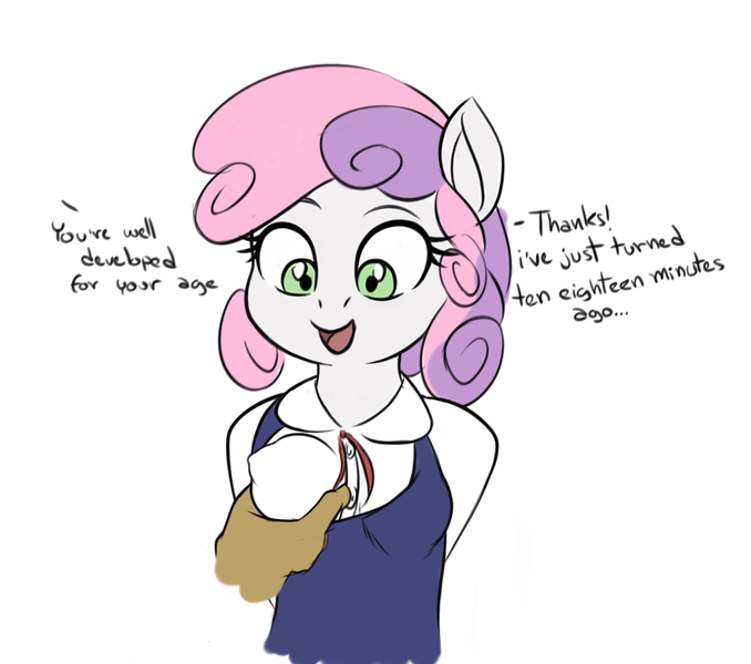 Size: 1019x902 | Tagged: questionable, artist:deserter, artist:seii3, banned from derpibooru, edit, ponybooru import, sweetie belle, anthro, unicorn, breast fondling, breast grab, breasts, child, clothes, dialogue, disembodied hand, duo, erect nipples, female, female focus, funny, grope, hand, image, lolicon, nipple outline, offscreen character, oppai loli, png, shirt, simple background, small breasts, solo focus, underage, white background