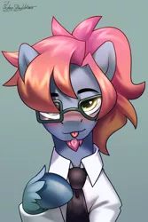 Size: 2000x3000 | Tagged: safe, artist:jedayskayvoker, derpibooru import, oc, oc:junup, pony, blushing, clothes, cute, eyebrows, facial hair, femboy, glasses, goatee, image, looking at you, male, necktie, png, ponytail, shirt, solo, stallion, tongue out, unshorn fetlocks