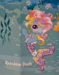 Size: 247x312 | Tagged: safe, derpibooru import, official, rainbow dash (g3), earth pony, merpony, pony, accessories, blind bag, eyeshadow, fish tail, g3, g3.5, headband, image, jewelry, jpeg, low quality, makeup, mermaid tail, name tag, necklace, official art, pose, rainbow dash always dresses in style, solo, tail, toy