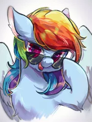 Size: 1536x2048 | Tagged: safe, artist:朔, derpibooru import, rainbow dash, pegasus, pony, bust, commission, cute, dashabetes, female, image, jpeg, looking at you, mare, simple background, solo, sunglasses