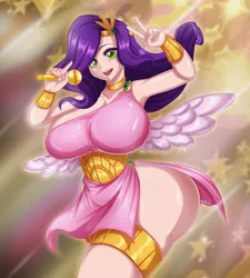 Size: 1617x1800 | Tagged: suggestive, artist:fenrox, derpibooru import, pipp petals, human, big breasts, breasts, busty pipp petals, butt, g5, huge breasts, humanized, image, jpeg, microphone, open mouth, peace sign, winged humanization, wings