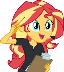 Size: 3000x3376 | Tagged: safe, artist:cloudyglow, derpibooru import, sunset shimmer, all the world's off stage, equestria girls, equestria girls series, .ai available, clipboard, director, director shimmer, female, high res, image, open mouth, pencil, png, simple background, solo, transparent background, vector