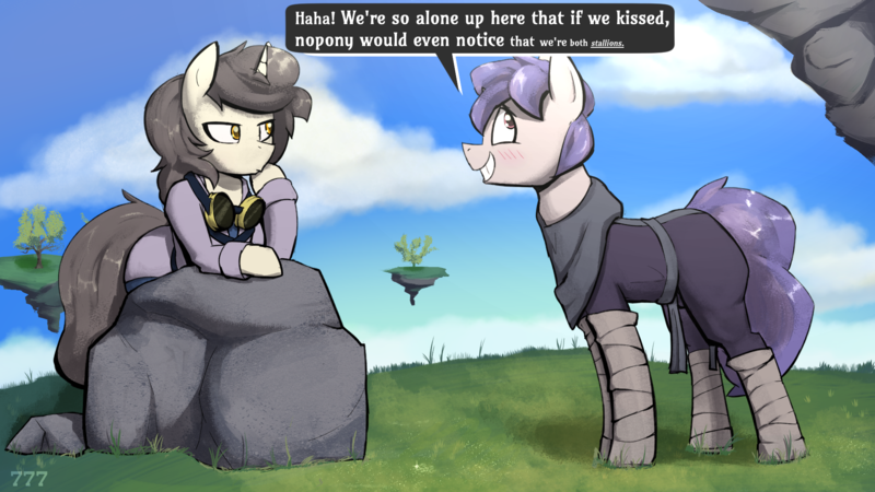 Size: 1920x1080 | Tagged: safe, artist:triplesevens, derpibooru import, oc, oc:short fuse, oc:triple sevens, unofficial characters only, unicorn, blushing, floating island, image, implied gay, not gay, outdoors, png, smiling, speech bubble, text