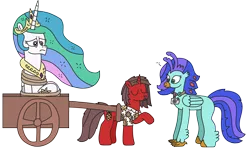 Size: 2836x1739 | Tagged: safe, artist:supahdonarudo, derpibooru import, princess celestia, oc, oc:ironyoshi, oc:sea lilly, alicorn, classical hippogriff, hippogriff, unicorn, ..., camera, cart, clothes, image, jewelry, necklace, png, raised hoof, reference, shirt, simple background, spongebob reference, spongebob squarepants, surprised, this will end in a trip to the moon, tied up, transparent background