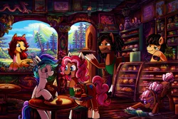 Size: 4373x2920 | Tagged: safe, artist:jowybean, derpibooru import, oc, unofficial characters only, pegasus, pony, unicorn, cafe, cake, cash register, food, image, lantern, mountain, pie, png, scenery