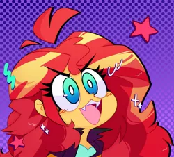 Size: 1105x1000 | Tagged: safe, artist:opossum-stuff, derpibooru import, sunset shimmer, equestria girls, cute, cute little fangs, fangs, image, jpeg, ohayou face, shimmerbetes, solo