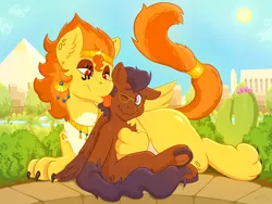 Size: 4032x3024 | Tagged: safe, artist:wispy tuft, derpibooru import, oc, oc:horizon sharp, pegasus, pony, sphinx, cactus, chest fluff, cuddling, desert, ear fluff, egyptian, garden, image, jewelry, licking, pegasus oc, png, pyramid, relaxing, somnambula (location), sphinx oc, temple, tongue out, wings