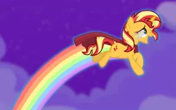 Size: 3069x1920 | Tagged: safe, artist:grapefruit-face, derpibooru import, sunset shimmer, pony, unicorn, cape, clothes, dio, flying, happy, image, night, png, rainbow, rainbow eyes, rainbow trail, solo, song reference, superhero