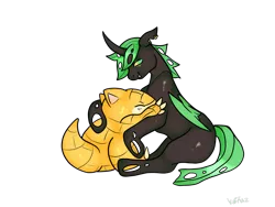 Size: 2160x1620 | Tagged: safe, artist:v-nuz, derpibooru import, changeling, sandshrew, cuddling, cute, green changeling, image, png, pokémon, simple background, transparent background