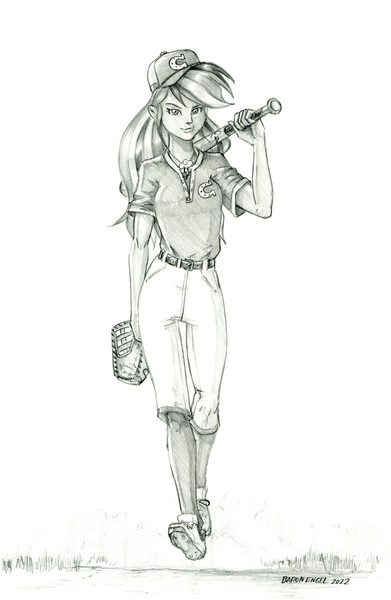 Size: 850x1303 | Tagged: safe, artist:baron engel, derpibooru import, rainbow dash, equestria girls, baseball, baseball bat, baseball cap, baseball glove, cap, clothes, female, grass, grayscale, hat, image, jpeg, monochrome, pants, pencil drawing, solo, sports, spring, traditional art, walking