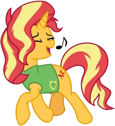 Size: 1024x1124 | Tagged: safe, artist:emeraldblast63, derpibooru import, sunset shimmer, pony, unicorn, winter wrap up, eyes closed, female, full body, hooves, horn, image, mare, music notes, open mouth, open smile, png, simple background, smiling, solo, tail, transparent background, two toned mane, two toned tail