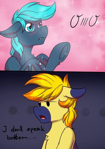 Size: 905x1280 | Tagged: safe, artist:melodis, derpibooru import, oc, oc:guttatus, oc:yaktan, bat pony, earth pony, image, jpeg, meme, oc on, owo, simple background, text