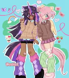 Size: 1080x1222 | Tagged: safe, artist:puddin.pawz, derpibooru import, fluttershy, twilight sparkle, twilight sparkle (alicorn), alicorn, human, alicorn humanization, bandaid, blushing, cardigan, clothes, cute, dark skin, detailed background, duo, duo female, female, full body, glasses, hair over one eye, hairclip, horn, horned humanization, humanized, image, jpeg, leg warmers, painted nails, pleated skirt, shoes, skirt, sweater vest, tail, tailed humanization, winged humanization, wings