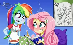 Size: 3911x2439 | Tagged: safe, artist:ameliacostanza, derpibooru import, fluttershy, rainbow dash, equestria girls, clothes, crossover, diary, image, jpeg, pajamas, pencil, peter parker