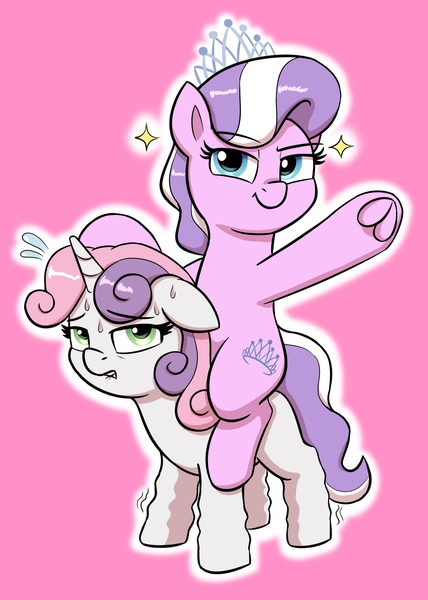 Size: 1712x2400 | Tagged: safe, artist:heretichesh, derpibooru import, diamond tiara, sweetie belle, earth pony, pony, unicorn, colored, female, filly, foal, image, looking at you, png, ponies riding ponies, riding, simple background, sparkles, sweat, trembling, waving