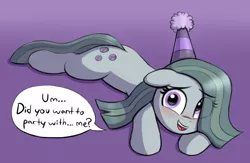 Size: 3000x1956 | Tagged: safe, artist:heretichesh, derpibooru import, marble pie, earth pony, pony, blushing, colored, cute, dialogue box, female, hat, image, looking at you, lying down, marblebetes, mare, party hat, png, simple background, smiling