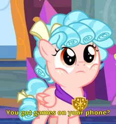 Size: 672x716 | Tagged: safe, derpibooru import, edit, edited screencap, editor:henbasket, screencap, cozy glow, pegasus, pony, school raze, season 8, spoiler:s08, cozybetes, cropped, cute, female, filly, foal, frown, image, looking up, meme, png, solo, text, you got games on your phone