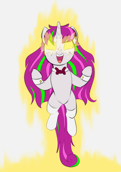 Size: 1672x2372 | Tagged: safe, artist:heretichesh, derpibooru import, oc, oc:zew, oc:zippi, pony, unicorn, bowtie, clothes, colored, female, filly, floating, foal, fusion, glow, glowing eyes, image, magic, magic aura, png, smiling, socks, unlimited power