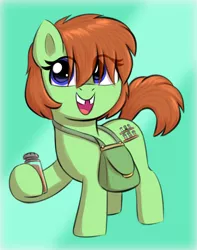 Size: 1496x1900 | Tagged: safe, artist:heretichesh, derpibooru import, oc, oc:spice rack, unofficial characters only, earth pony, pony, bag, colored, cute, eye clipping through hair, female, filly, foal, hoof hold, image, looking at you, ocbetes, png, pouch, simple background, solo, spice (food), tooth gap