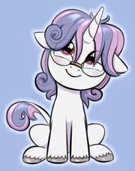 Size: 1572x2000 | Tagged: safe, artist:heretichesh, derpibooru import, sweetie belle, oc, oc:yodi, unofficial characters only, classical unicorn, pony, unicorn, blue background, cloven hooves, colored, floppy ears, foal, fusion, glasses, horn, image, leonine tail, looking at you, png, simple background, sitting, smiling, unicorn oc, unshorn fetlocks