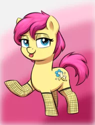 Size: 1206x1586 | Tagged: safe, artist:heretichesh, derpibooru import, oc, oc:banana split, pony, colored, female, filly, fishnets, foal, image, looking at you, makeup, png, raised hoof, simple background, tongue out