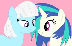 Size: 373x238 | Tagged: safe, artist:jadeharmony, artist:selenaede, derpibooru import, photo finish, vinyl scratch, earth pony, pony, unicorn, base used, duo, female, image, lesbian, looking at each other, looking at someone, mare, missing accessory, pink background, png, shipping, simple background, vinylfinish