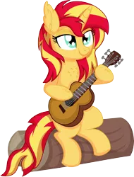 Size: 5786x7604 | Tagged: safe, artist:cyanlightning, derpibooru import, sunset shimmer, pony, unicorn, .svg available, absurd resolution, acoustic guitar, chest fluff, ear fluff, female, guitar, image, log, looking up, mare, musical instrument, png, simple background, solo, transparent background, vector