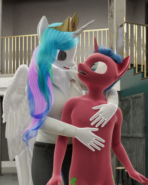 Size: 853x1065 | Tagged: questionable, artist:stellarator, derpibooru import, princess celestia, oc, oc:juicebox, anthro, unguligrade anthro, comic:a morning with the night, comic:a morning with the night part 8, 3d, blender, blender cycles, casual nudity, clothed female nude male, cycles render, female, image, looking at each other, looking at someone, male, not sfm, nudity, png