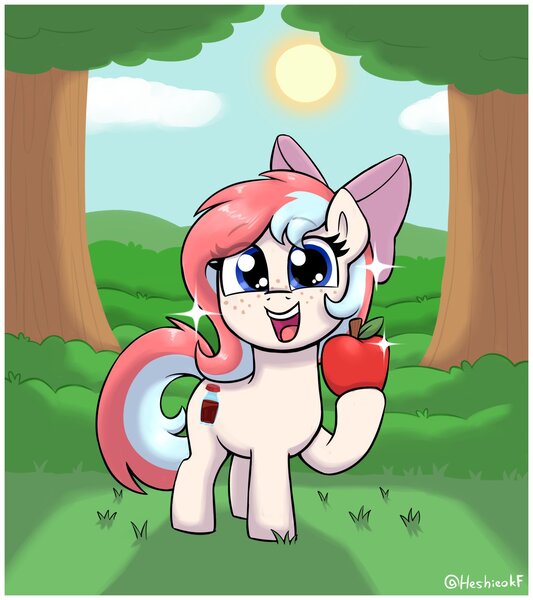 Size: 1728x1944 | Tagged: safe, artist:heretichesh, derpibooru import, oc, oc:fizzie, unofficial characters only, earth pony, pony, apple, bow, cute, eye clipping through hair, eyebrows, eyebrows visible through hair, female, filly, foal, food, hair bow, image, jpeg, looking at you, ocbetes, open mouth, open smile, signature, smiling, smiling at you, solo, sparkles