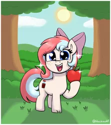 Size: 1728x1944 | Tagged: safe, artist:heretichesh, derpibooru import, oc, oc:fizzie, unofficial characters only, earth pony, pony, apple, bow, cute, eye clipping through hair, eyebrows, eyebrows visible through hair, female, filly, foal, food, hair bow, image, jpeg, looking at you, ocbetes, open mouth, open smile, signature, smiling, smiling at you, solo, sparkles