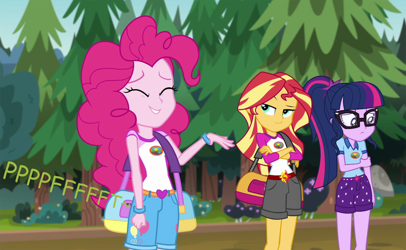 Size: 1200x739 | Tagged: suggestive, artist:thedarkpony, derpibooru import, edit, edited screencap, screencap, pinkie pie, sci-twi, sunset shimmer, twilight sparkle, equestria girls, legend of everfree, camp everfree outfits, clothes, denim shorts, fart, fart edit, fart noise, female, image, onomatopoeia, png, shorts, sound effects