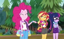 Size: 1200x739 | Tagged: suggestive, artist:thedarkpony, derpibooru import, edit, edited screencap, screencap, pinkie pie, sci-twi, sunset shimmer, twilight sparkle, equestria girls, legend of everfree, camp everfree outfits, clothes, denim shorts, fart, fart edit, fart noise, female, image, onomatopoeia, png, shorts, sound effects