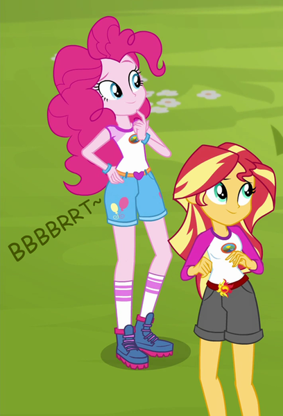 Size: 490x720 | Tagged: suggestive, artist:thedarkpony, derpibooru import, edit, edited screencap, screencap, pinkie pie, sunset shimmer, equestria girls, legend of everfree, camp everfree outfits, clothes, cropped, denim shorts, fart, fart edit, fart noise, female, image, onomatopoeia, png, shorts, smiling, sound effects