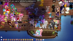 Size: 1366x768 | Tagged: safe, artist:thegamerpainter, derpibooru import, applejack, fluttershy, princess cadance, princess celestia, rainbow dash, trixie, oc, alicorn, pegasus, pony, unicorn, pony town, applejack's hat, boat, cape, clothes, cowboy hat, dock, female, hat, image, implied puppycorn, male, meta, picture, png, self paradox, self ponidox, speech bubble, tail, text, trixie's cape, trixie's hat, twitter, twitter link