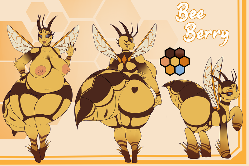 Size: 6000x4000 | Tagged: questionable, artist:tatemil, derpibooru import, oc, oc:bee berry, anthro, bee, bee pony, hybrid, insect, original species, pony, unguligrade anthro, ass, bbw, belly, big belly, big breasts, breasts, butt, fat, female, hand on hip, huge breasts, huge butt, image, impossibly large thighs, impossibly wide hips, large butt, nipples, nudity, png, reference sheet, solo, solo female, the ass was fat, thick, thighs, thunder thighs, wide hips