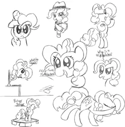 Size: 971x982 | Tagged: safe, artist:scootaloormayfly, derpibooru import, pinkie pie, earth pony, human, pony, cookie, dancing, food, image, monitor, monochrome, png, rapper pie, simple background, sketch, sketch dump, text, trampoline