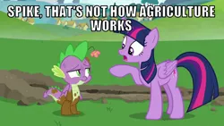 Size: 1066x600 | Tagged: safe, derpibooru import, edit, edited screencap, editor:twi clown, screencap, spike, twilight sparkle, twilight sparkle (alicorn), alicorn, dragon, pony, father knows beast, agriculture, caption, dirty, duo, female, flower, image, image macro, male, mare, png, text, winged spike, wings