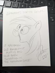 Size: 1536x2048 | Tagged: safe, artist:andypriceart, derpibooru import, derpy hooves, pegasus, pony, bust, cross-eyed, female, image, jpeg, mare, monochrome, open mouth, pencil drawing, sketch, smiling, text, traditional art