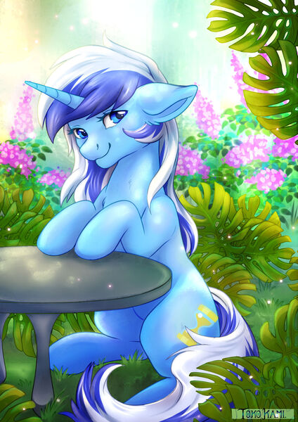 Size: 1280x1811 | Tagged: safe, artist:tokokami, derpibooru import, minuette, pony, unicorn, cute, female, floppy ears, flower, garden, image, jpeg, looking at you, mare, minubetes, sitting, smiling, solo, table
