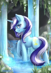 Size: 1280x1811 | Tagged: safe, artist:tokokami, derpibooru import, minuette, pony, unicorn, blushing, cave, cute, female, flower, image, jpeg, looking at you, mare, minubetes, rock, smiling, smiling at you, solo, waterfall